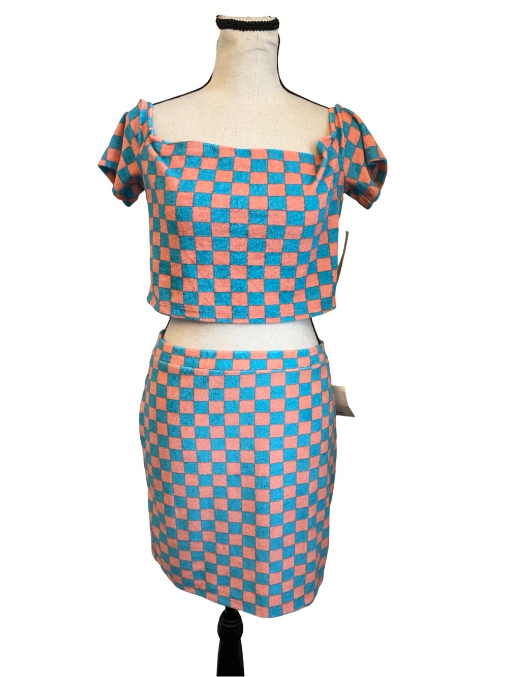 NWT SO Checkered Terry Cloth 2 Piece Set Off Shoulder Crop Top (L) Skirt (M)